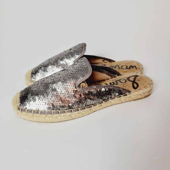 Sam Edelman Kerry Silver Sequin Mixed Media Slip On Espadrilles Mules Size 7 - Picture 4 of 10